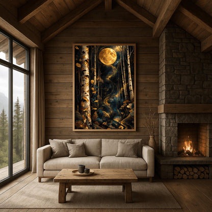 A vertical, highly detailed Art Nouveau illustration in the style of Gustav Klimt. A large, ornate golden moon with swirling patterns hangs in a dark navy forest. The foreground is filled with stylized golden wildflowers and ferns, and a ribbon of golden stardust winds through patterned birch trees.