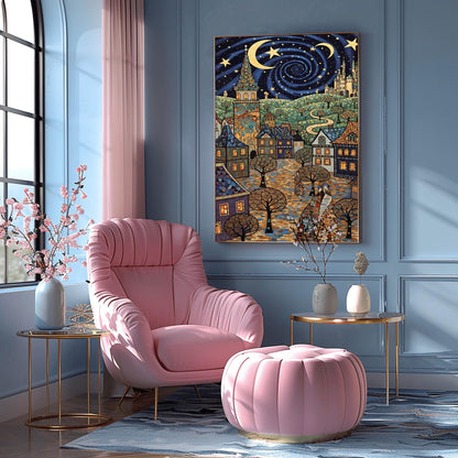 A vertical fine art print in the style of Gustav Klimt. A whimsical European village with mosaic-patterned houses and a tall tower sits under a swirling dark blue night sky. The sky features a large golden vortex, crescent moons, and stars. The ground is a colorful mosaic cobblestone path with spiral-patterned trees.
