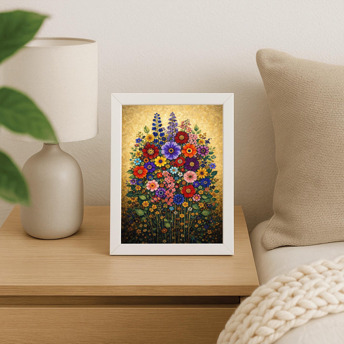 A vertical art print in the style of Gustav Klimt featuring a dense bouquet of colorful wildflowers. The flowers, including red, purple, and orange zinnias and tall blue delphiniums, are rendered as intricate mosaics with geometric patterns. The entire arrangement is set against a shimmering, gold-tiled background that glows with metallic light. The style is highly decorative, maximalist, and vibrant.