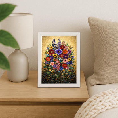 A vertical art print in the style of Gustav Klimt featuring a dense bouquet of colorful wildflowers. The flowers, including red, purple, and orange zinnias and tall blue delphiniums, are rendered as intricate mosaics with geometric patterns. The entire arrangement is set against a shimmering, gold-tiled background that glows with metallic light. The style is highly decorative, maximalist, and vibrant.