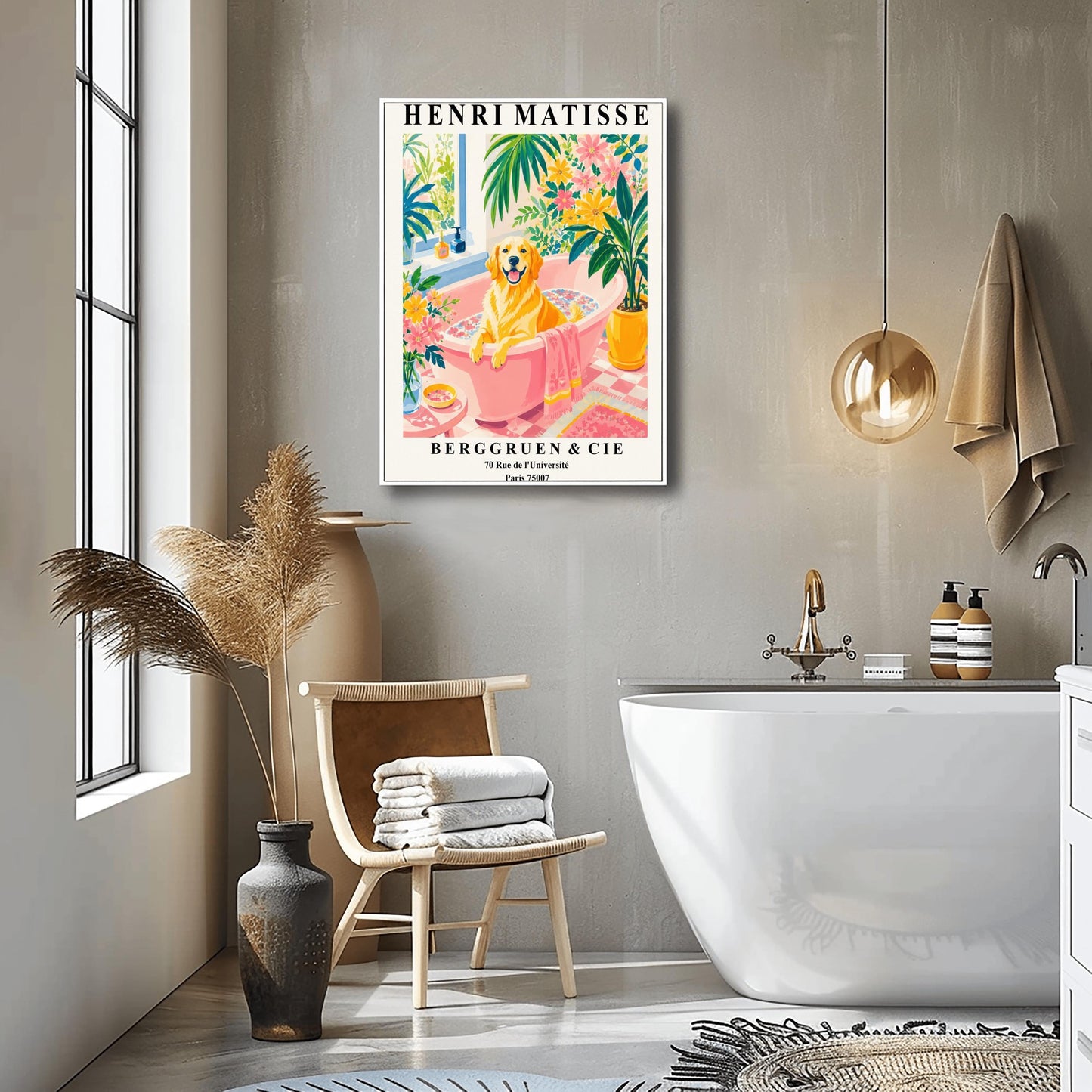 A vertical minimalist fine art exhibition poster in the style of Henri Matisse, bordered by a wide white frame margin. In the center, a simple black line drawing outlines the head and happy expression of a Golden Retriever dog. The composition is accented by vibrant, flat paper-cut abstract shapes, including a royal blue coral leaf on the left, a terracotta red shape on the right, and a mustard yellow block at the base against a clean white background.