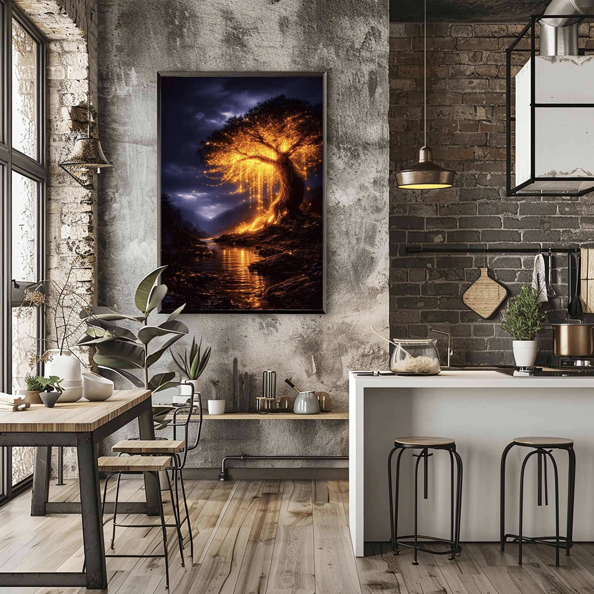 A vertical full-bleed illustration of a large weeping willow tree glowing with golden light in a stormy mountain valley. The tree stands by a dark river reflecting its gold light. The background features dark, rainy mountains and a moody indigo sky in the style of Gustav Klimt.