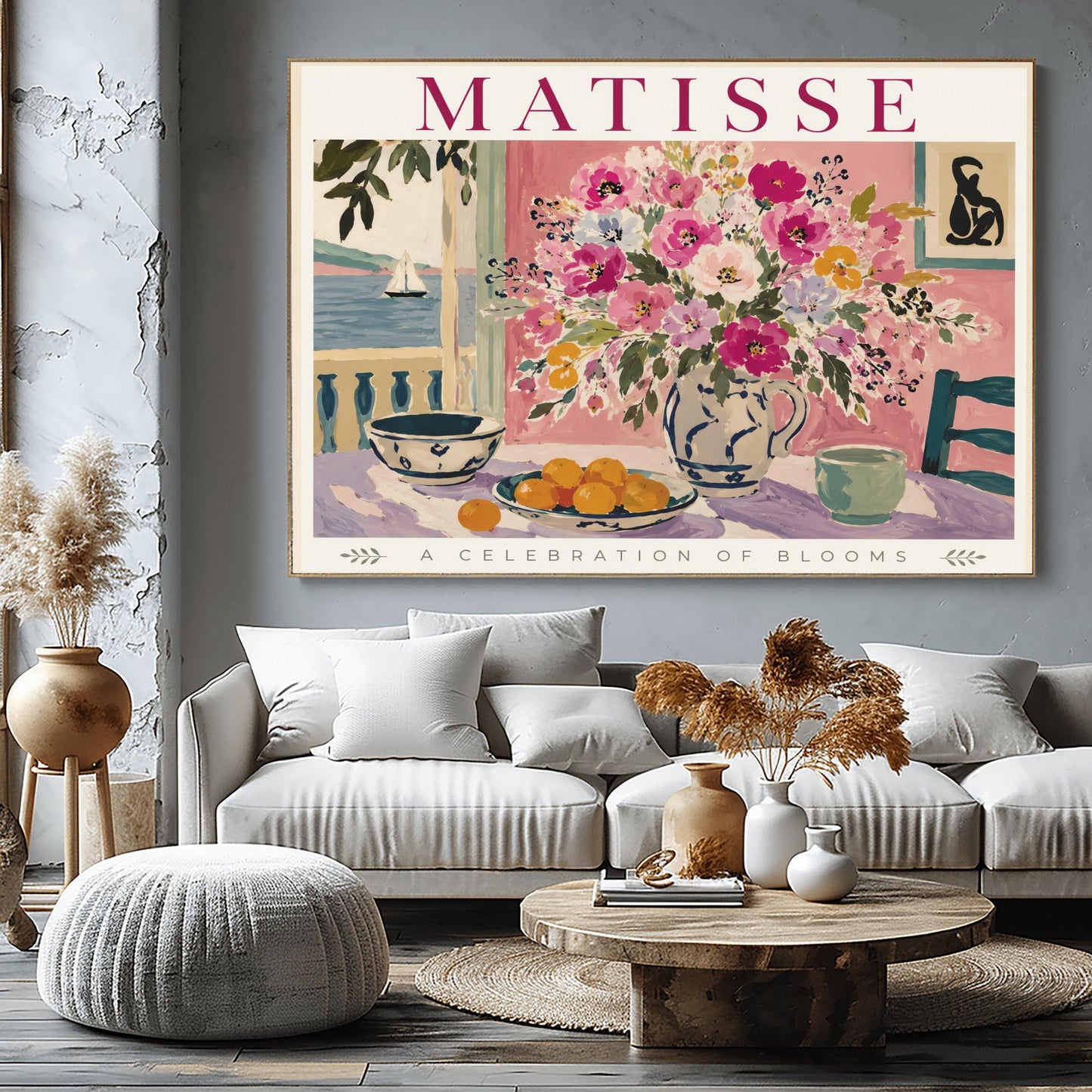 An impressionistic fine art gallery poster titled "MATISSE - A Celebration of Blooms" in elegant magenta lettering. The main painting shows a vibrant indoor still life scene with a textured pastel pink wall. In the center, a white and blue ceramic pitcher overflows with a large bouquet of pink, purple, and yellow flowers. The table is covered in a lavender cloth and holds two patterned bowls filled with orange clementines.