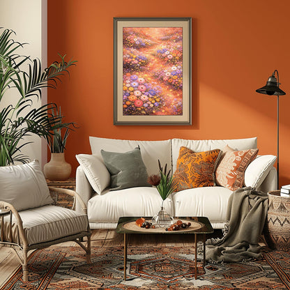 A vertical, highly detailed Art Nouveau-style illustration of a dense wildflower meadow. Stylized flowers in shades of lavender, coral, and orange are outlined in gold. Shimmering golden particles float between the blooms against a warm, glowing amber background.