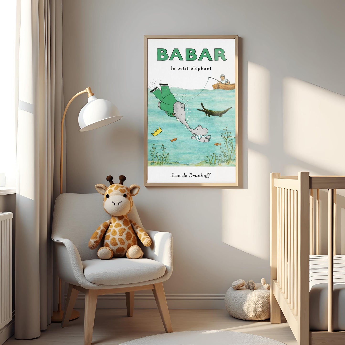 A vertical children's illustration poster titled "BABAR le petit éléphant" at the top in green. The scene shows King Babar in a green suit diving underwater to touch trunks with a small elephant calf. His golden crown floats nearby. Above the water, a man in a striped shirt sits in a rowboat fishing. A crocodile and several small orange fish swim in the water among green aquatic plants. The name "Jean de Brunhoff" is at the bottom.