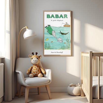 A vertical children's illustration poster titled "BABAR le petit éléphant" at the top in green. The scene shows King Babar in a green suit diving underwater to touch trunks with a small elephant calf. His golden crown floats nearby. Above the water, a man in a striped shirt sits in a rowboat fishing. A crocodile and several small orange fish swim in the water among green aquatic plants. The name "Jean de Brunhoff" is at the bottom.