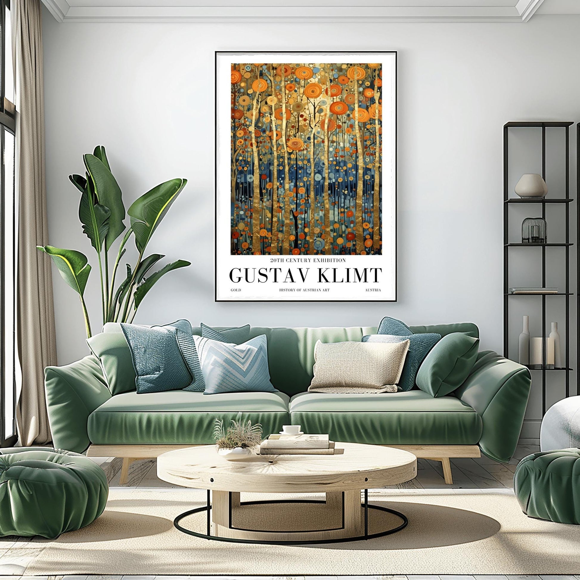A vertical museum exhibition poster in the style of Gustav Klimt. Tall, slender tree trunks made of brilliant gold leaf stand against a background of orange, gold, and blue mosaic-style leaves. The bottom of the image is a deep indigo blue. Bold black text at the bottom reads "GUSTAV KLIMT" and "HISTORY OF AUSTRIAN ART."