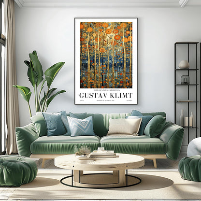 A vertical museum exhibition poster in the style of Gustav Klimt. Tall, slender tree trunks made of brilliant gold leaf stand against a background of orange, gold, and blue mosaic-style leaves. The bottom of the image is a deep indigo blue. Bold black text at the bottom reads "GUSTAV KLIMT" and "HISTORY OF AUSTRIAN ART."