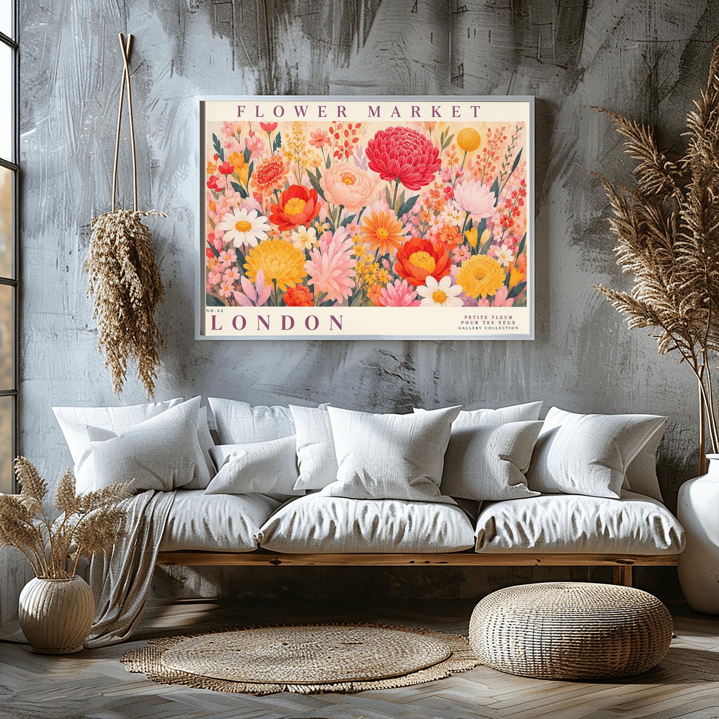 A vibrant, maximalist vintage botanical gallery poster titled "FLOWER MARKET LONDON" in elegant purple typography. The main illustration shows a dense, edge-to-edge meadow of hand-painted wildflowers. The arrangement includes a large crimson red dahlia, soft pink peonies, white daisies with yellow centers, yellow chrysanthemums, and various small orange and pink blossoms nestled among green leaves.