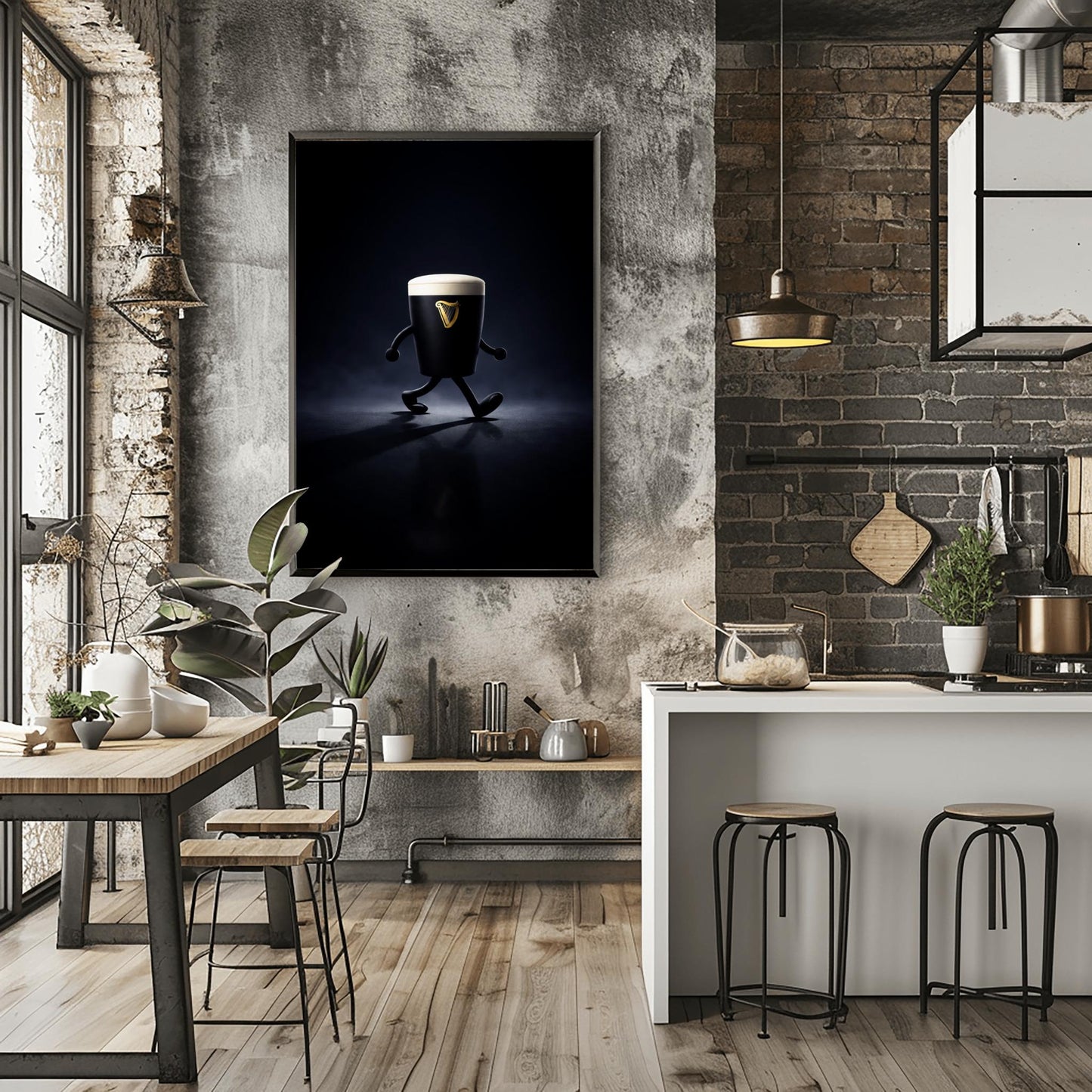 A vertical cinematic illustration of a 3D Guinness pint character with cartoon arms and legs, walking across a reflective dark floor. The background is a dark, moody void with a faint blue atmospheric glow. The pint features a crisp white foam head and a golden harp logo.
