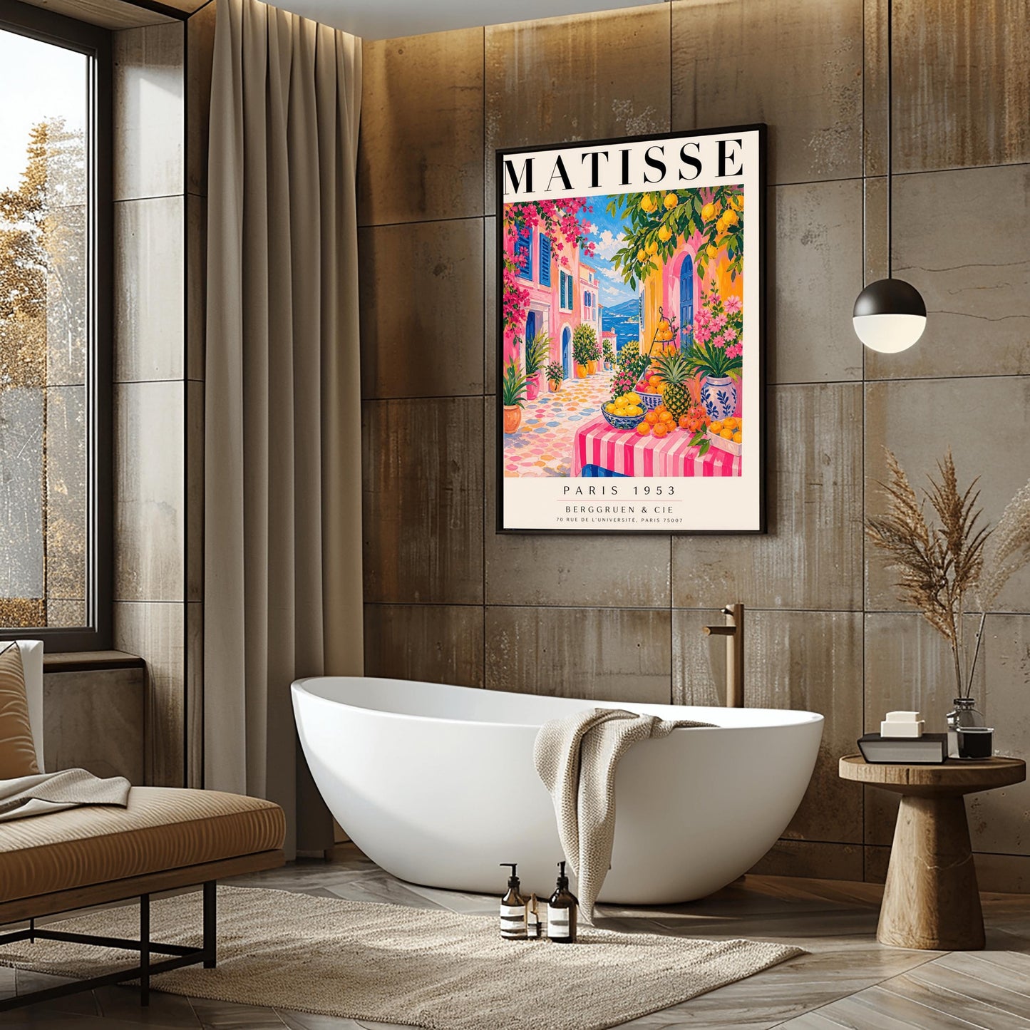 A vertical maximalist art print styled as a Henri Matisse exhibition poster. The scene depicts a vibrant, colorful street in a Mediterranean coastal town. In the foreground, a table with a pink and white striped cloth is piled high with lemons, oranges, and a pineapple. Hot pink and yellow buildings with blue shutters line a cobblestone path that leads toward a blue sea under a bright sky. Lush green trees with yellow lemons and pink flowers frame the view.