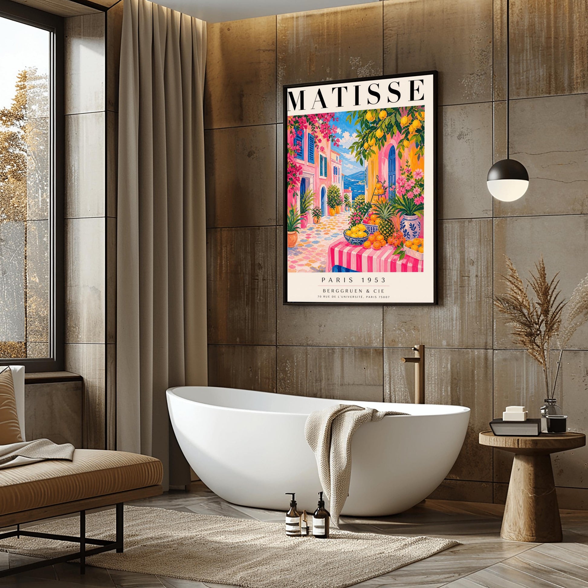 A vertical maximalist art print styled as a Henri Matisse exhibition poster. The scene depicts a vibrant, colorful street in a Mediterranean coastal town. In the foreground, a table with a pink and white striped cloth is piled high with lemons, oranges, and a pineapple. Hot pink and yellow buildings with blue shutters line a cobblestone path that leads toward a blue sea under a bright sky. Lush green trees with yellow lemons and pink flowers frame the view.
