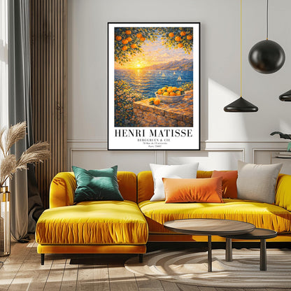 A vertical painterly illustration of a Mediterranean sunset. A low sun shines over a blue sea with sailboats, casting a golden reflection. In the foreground, a bowl of oranges sits on a stone wall. Orange tree branches frame the top of the scene.