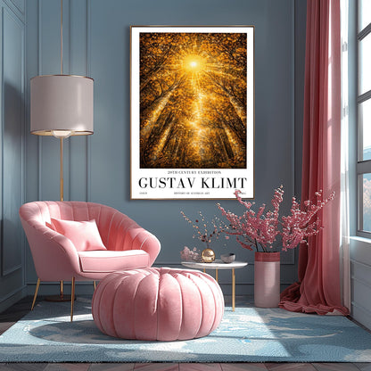 A vertical exhibition poster for Gustav Klimt featuring a view looking up through golden trees toward a radiant sunburst. The trees have intricate mosaic patterns on the bark. Below the artwork, bold black text reads "GUSTAV KLIMT" and "20th Century Exhibition."