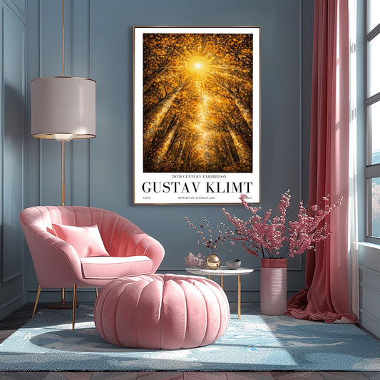A vertical exhibition poster for Gustav Klimt featuring a view looking up through golden trees toward a radiant sunburst. The trees have intricate mosaic patterns on the bark. Below the artwork, bold black text reads "GUSTAV KLIMT" and "20th Century Exhibition."