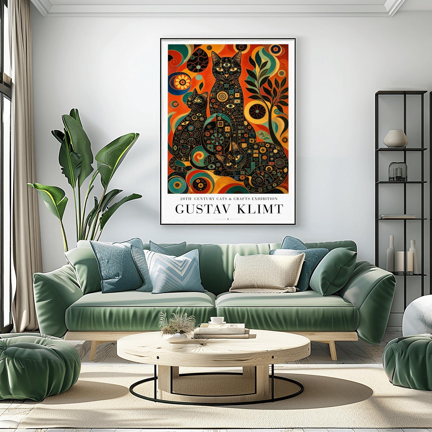 A vertical art print in the style of Gustav Klimt. Three black cats are positioned together, their bodies covered in intricate colorful mosaics of circles, squares, and eye symbols in gold, teal, and red. The background is a vibrant abstract of swirling orange, red, and yellow patterns with a stylized black tree to the right. The bottom of the poster features clean black text that reads "20th Century Cats & Crafts Exhibition" and "Gustav Klimt."