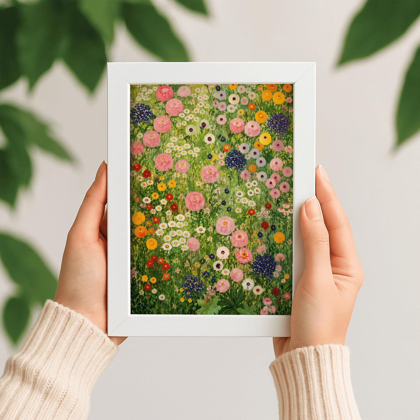 A vertical full-bleed painting in the style of Gustav Klimt showing a dense, vibrant meadow of wildflowers. The entire frame is filled with an intricate, mosaic-like arrangement of thickly painted flowers, including large clusters of white and cream blossoms at the top, a dense field of orange and white poppies to the right, and deep purple and magenta pansies near the bottom, all set against a textured emerald and chartreuse green background.