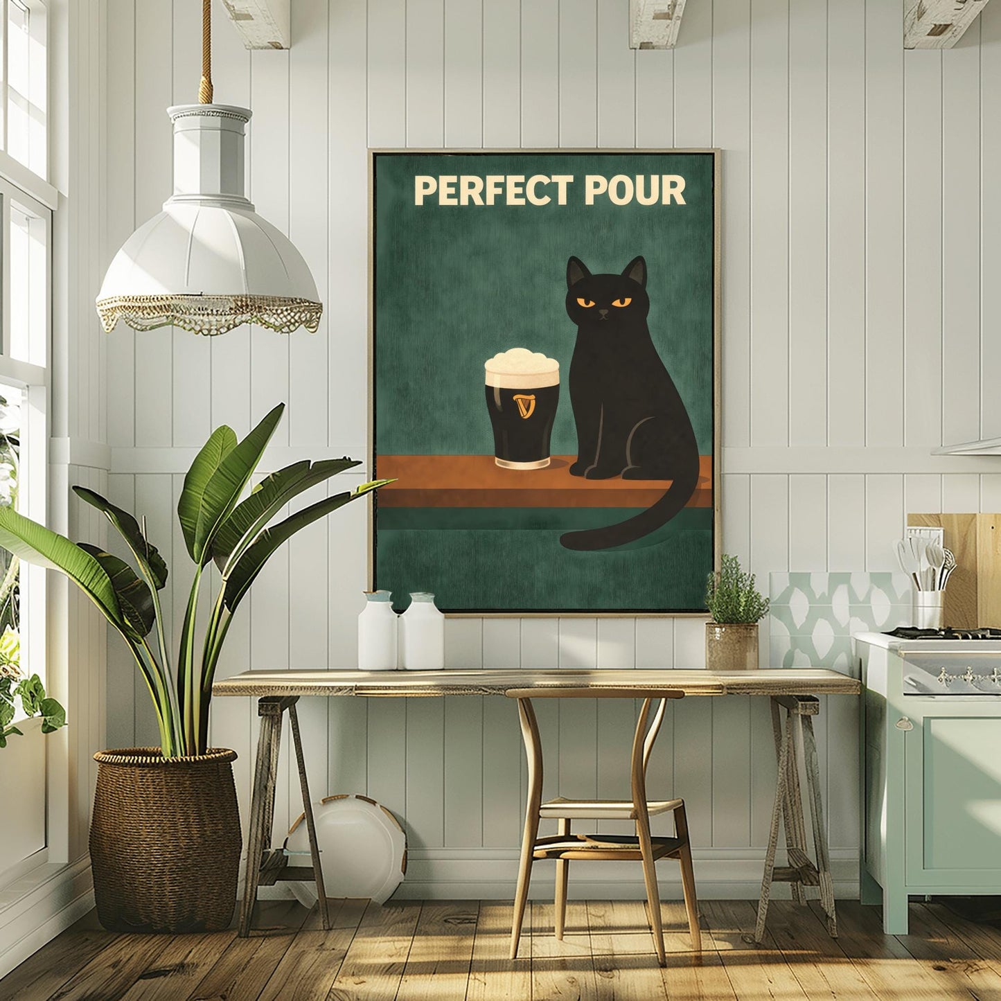 A vertical modern illustration of a sleek black cat with yellow eyes sitting on a wooden bar ledge next to a pint of Guinness. The text "PERFECT POUR" is written in bold cream letters at the top. The background is a dark, textured teal-green.