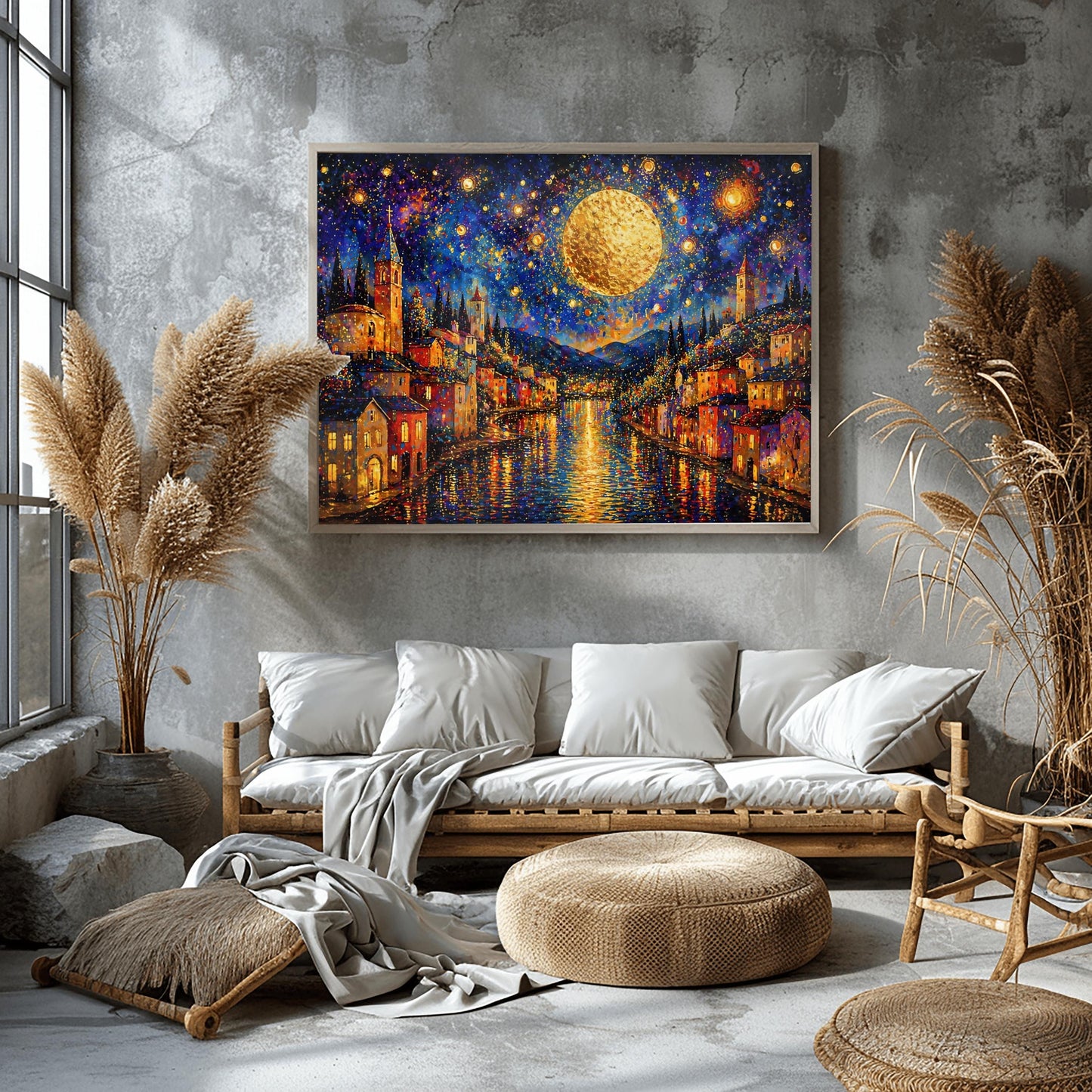 A horizontal art print in a decorative mosaic style inspired by Gustav Klimt. A coastal town with warm-lit houses and tall church towers lines both sides of a dark blue canal. A massive, glowing golden moon hangs in a deep indigo sky filled with swirling stars and shimmering golden circles. The lights of the town and the moon reflect brilliantly on the rippling water. The entire scene is composed of intricate, sparkling patterns and vibrant jewel-toned colors.
