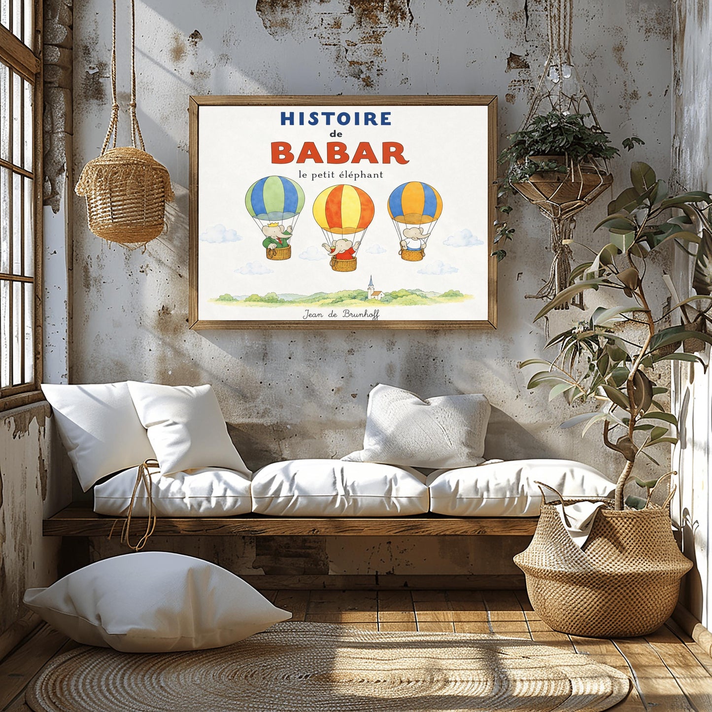 A whimsical vintage-style storybook poster on a clean white background titled "HISTOIRE de BABAR le petit éléphant" in bold blue and orange lettering. The illustration features three cartoon elephants floating in striped hot air balloons over a light green watercolor countryside with a white church steeple. On the left, King Babar in a green suit and crown waves from a blue-and-green balloon. In the center, an elephant in a red dress sits in a yellow-and-orange balloon.