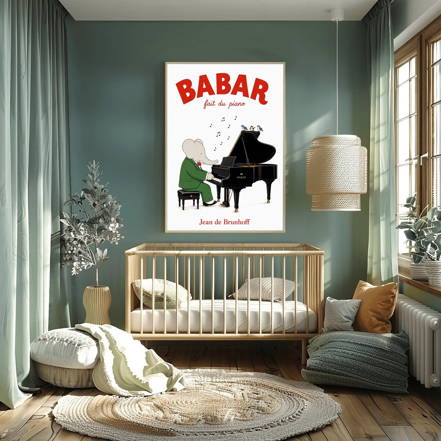 A vertical fine art exhibition poster featuring a classic illustration of Babar the Elephant by Jean de Brunhoff, as seen in Screenshot 2026-05-28 at 19.58.40.png. Set within a wide white border on a textured off-white background, the elephant is shown in a green suit and red bowtie sitting on a stool playing a black grand piano. Three small birds sit on the open piano lid under floating musical notes. Bold red text at the top reads "BABAR fait du piano".