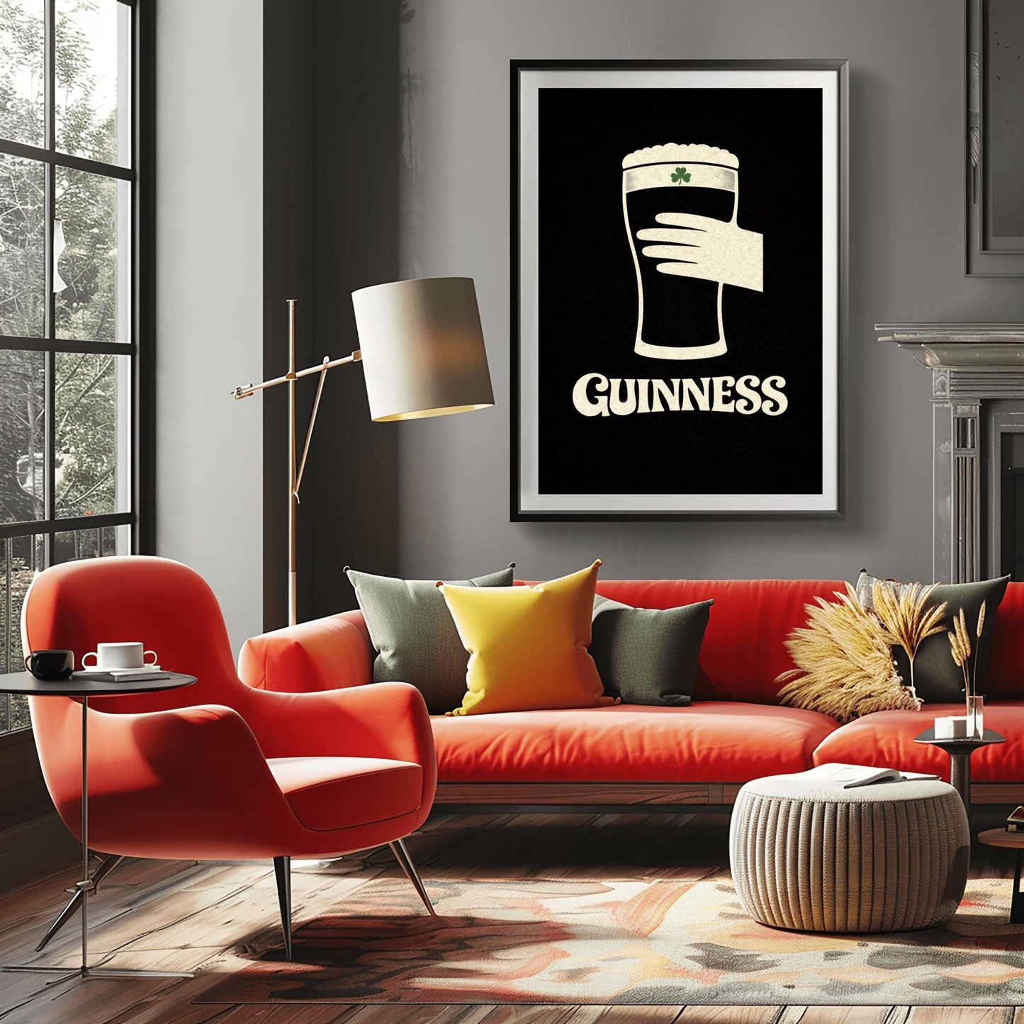 A vertical minimalist graphic design on a textured black background. A cream-colored hand is shown holding a pint of Guinness stout, with the glass itself created out of negative space. A small green shamrock is on the foam. The word "GUINNESS" is in cream text at the bottom.