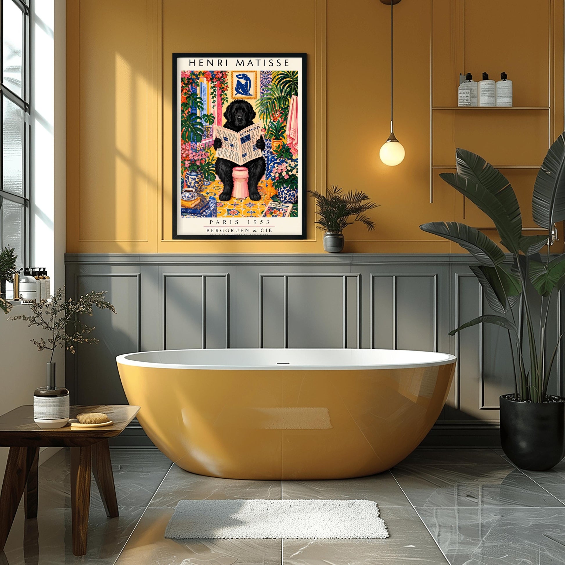 A vertical vintage-style art exhibition poster titled "HENRI MATISSE" at the top and "PARIS 1953 BERGGRUEN & CIE" at the bottom. The main image shows a large, fluffy black Newfoundland dog sitting on a pink toilet in a highly decorated bathroom, reading a newspaper. The room is filled with yellow pattern tiles, blue-and-white wallpaper, a blue Matisse cutout art frame on the wall, multiple large green houseplants, and vases filled with colorful pink flowers.