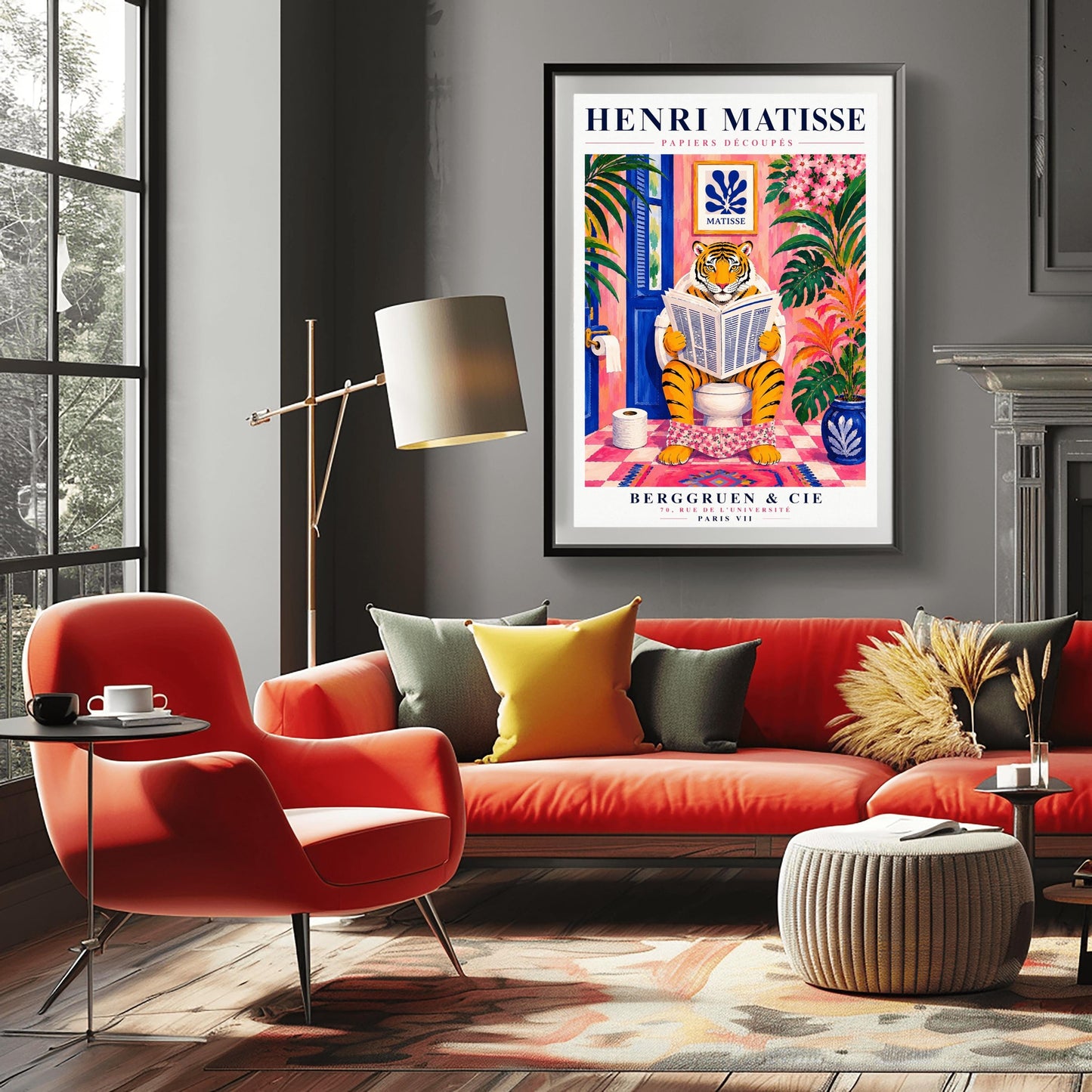 A vertical art print styled as a Henri Matisse exhibition poster. In the center, a tiger sits on a toilet in a pink bathroom, reading a newspaper with pink floral pants at its ankles. The room is decorated with lush tropical plants, a blue door, and a small Matisse-style blue cutout art piece on the wall. The text "HENRI MATISSE" is at the top, and "BERGGRUEN & CIE" is at the bottom.