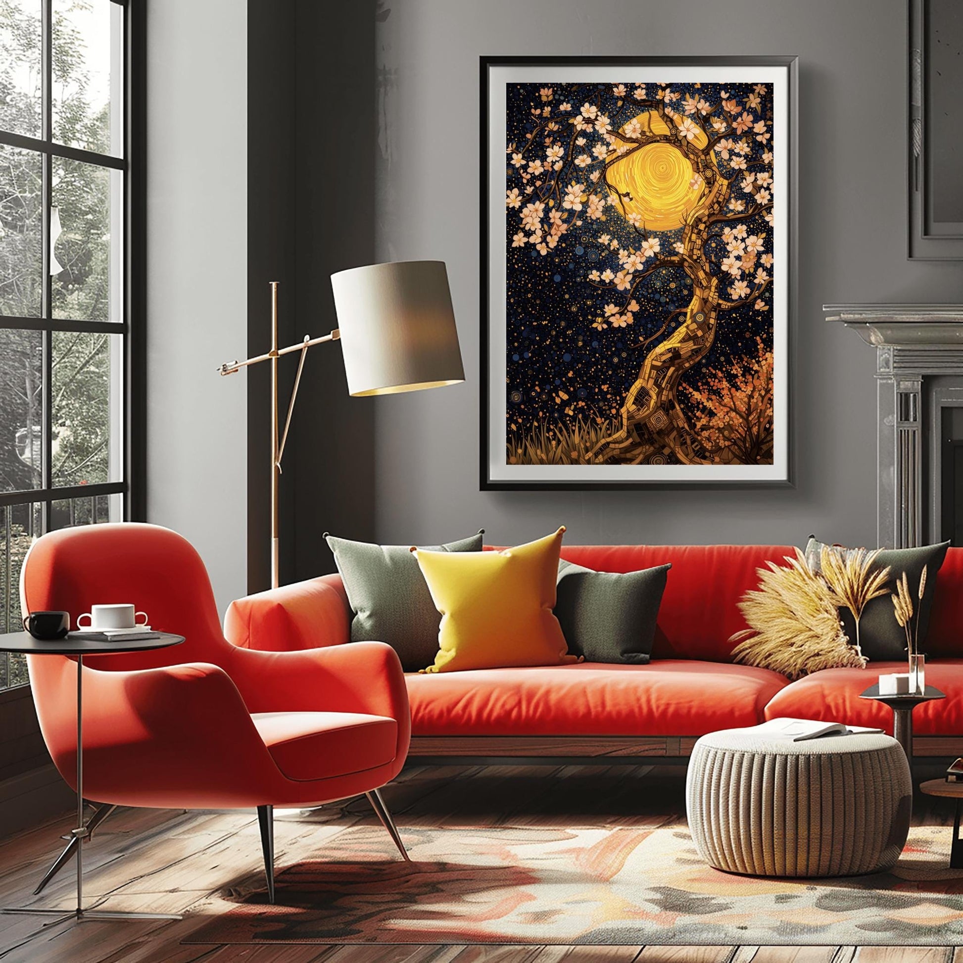 A vertical fine art print in the style of Gustav Klimt. A twisting tree trunk made of gold and bronze mosaic tiles features delicate white blossoms. A massive, swirling golden moon sits behind the branches against a dark navy sky filled with star patterns and blue circles.