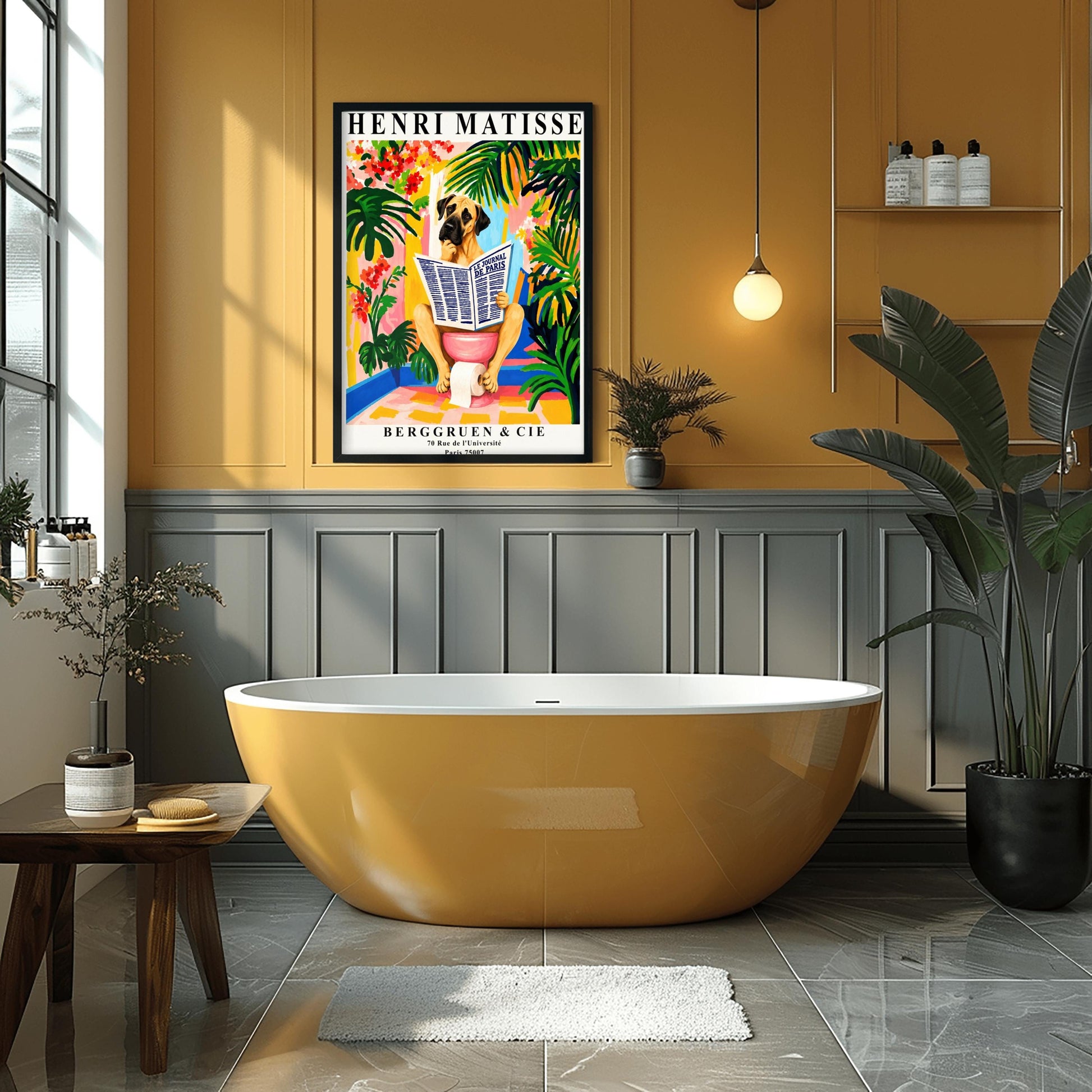 A vertical retro exhibition poster for Henri Matisse set on a wide cream border. The central image shows a colorful, painterly Fauvism illustration of a large Great Dane dog sitting on a pink toilet. The dog has its paw on its chin, thoughtfully reading a large newspaper titled "LE JOURNAL DE PARIS". The background is a vibrant bathroom filled with oversized green monstera leaves, tropical plants, yellow and pink walls, and red flowers.