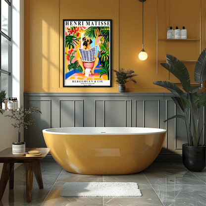A vertical retro exhibition poster for Henri Matisse set on a wide cream border. The central image shows a colorful, painterly Fauvism illustration of a large Great Dane dog sitting on a pink toilet. The dog has its paw on its chin, thoughtfully reading a large newspaper titled "LE JOURNAL DE PARIS". The background is a vibrant bathroom filled with oversized green monstera leaves, tropical plants, yellow and pink walls, and red flowers.