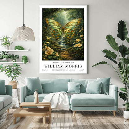 A vertical exhibition poster titled "WILLIAM MORRIS: 19th Century Exhibition". The central artwork features a large butterfly with intricate emerald and gold wings that resemble stained glass. It hovers over a lush forest scene with a small waterfall, sunlight streaming through the trees, and white flowers in the foreground. The bottom features a clean white border with bold black text reading "TEXTILES," "HISTORY OF BRITISH ART & DESIGN," and "LONDON".