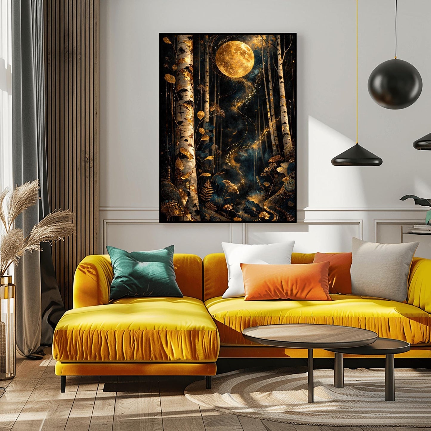 A vertical, highly detailed Art Nouveau illustration in the style of Gustav Klimt. A large, ornate golden moon with swirling patterns hangs in a dark navy forest. The foreground is filled with stylized golden wildflowers and ferns, and a ribbon of golden stardust winds through patterned birch trees.