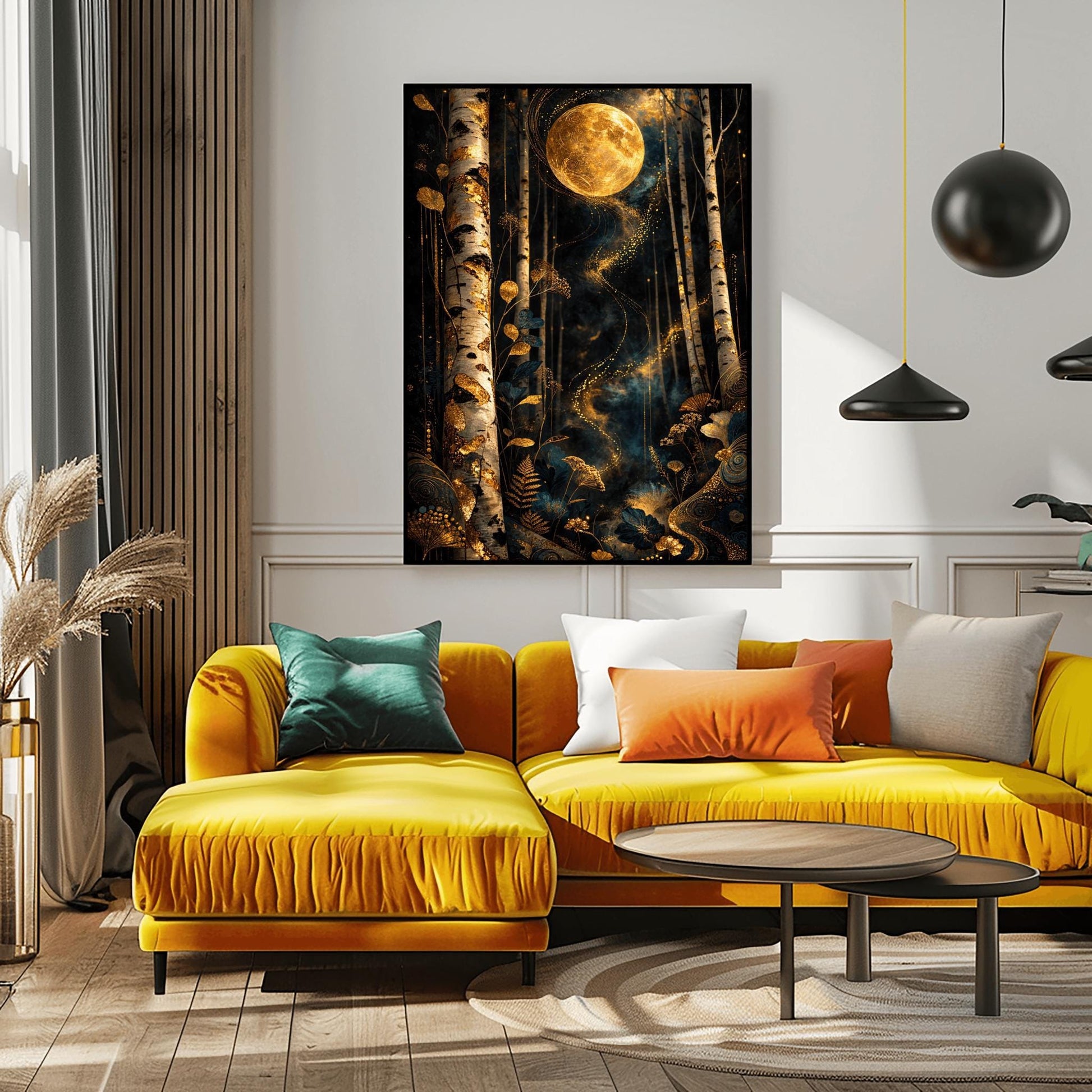 A vertical, highly detailed Art Nouveau illustration in the style of Gustav Klimt. A large, ornate golden moon with swirling patterns hangs in a dark navy forest. The foreground is filled with stylized golden wildflowers and ferns, and a ribbon of golden stardust winds through patterned birch trees.