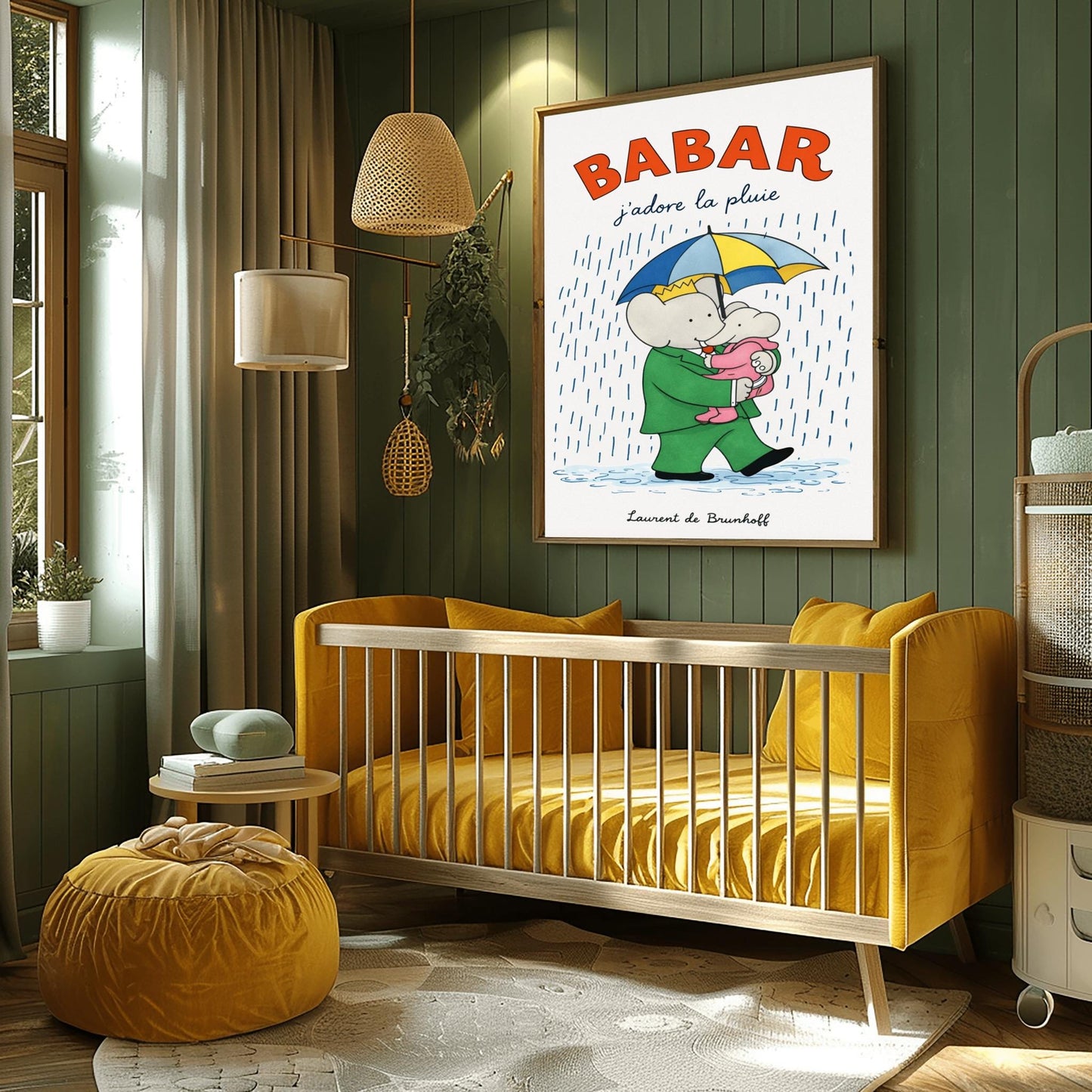 A vertical children's illustration poster titled "BABAR: j'adore la pluie" in orange and blue. King Babar, in a green suit and crown, is walking through the rain while holding a blue and yellow striped umbrella. He is carrying a small elephant wearing a pink rainsuit. They are walking through light blue puddles on a white background. The name "Laurent de Brunhoff" is at the bottom.