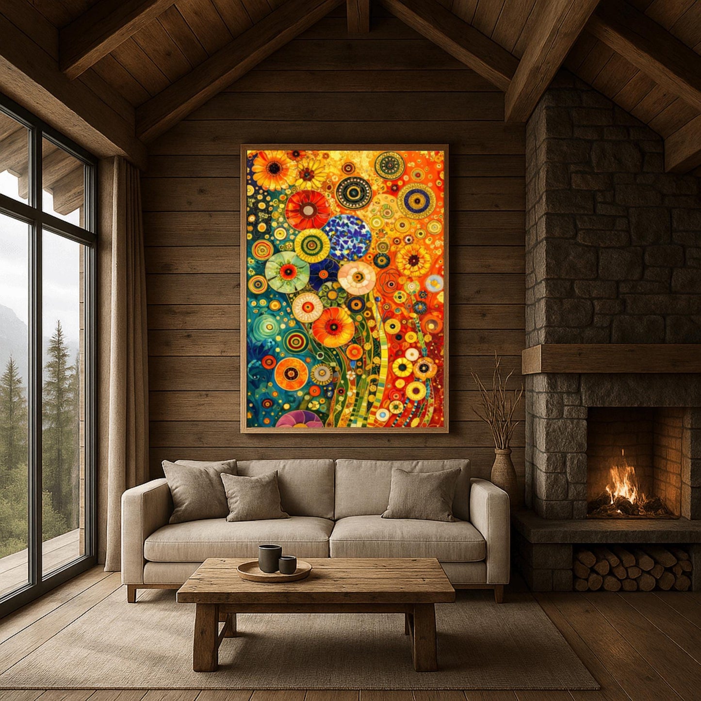 A vertical fine art print in the style of Gustav Klimt. A dense, abstract field of stylized flowers made of colorful mosaic circles and geometric patterns. The left side is a deep teal blue, while the right side is a warm, glowing orange. Shimmering gold flecks and tiled stems wind through the composition.