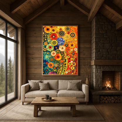A vertical fine art print in the style of Gustav Klimt. A dense, abstract field of stylized flowers made of colorful mosaic circles and geometric patterns. The left side is a deep teal blue, while the right side is a warm, glowing orange. Shimmering gold flecks and tiled stems wind through the composition.