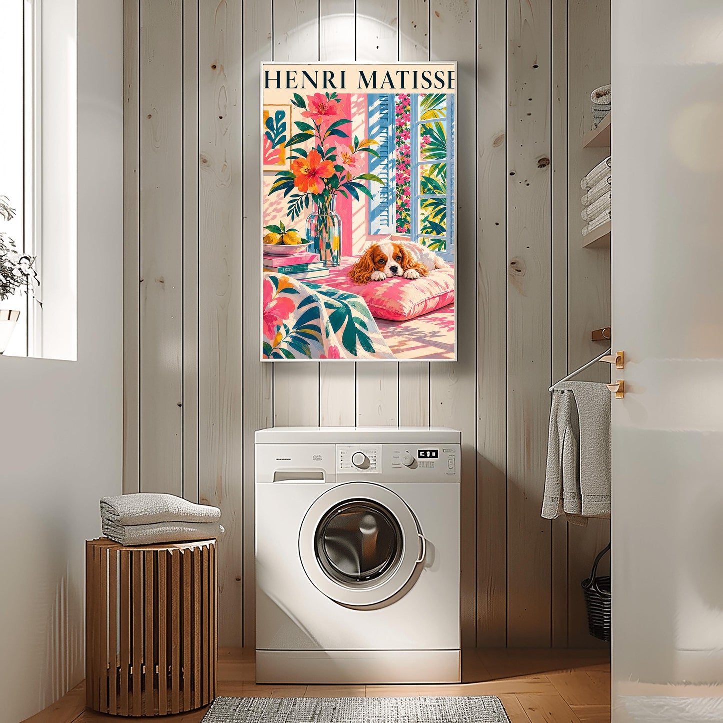 A vertical minimalist fine art exhibition poster in the style of Henri Matisse, featuring a large white border layout. In the center, a simple black line drawing outlines the head and long floppy ears of a Cavalier King Charles Spaniel dog. The illustration is accented by vibrant abstract cut-out shapes, including a solid blue organic leaf on the left, a large terracotta red shape on the right, and a bright yellow gold block at the base against a clean white background.