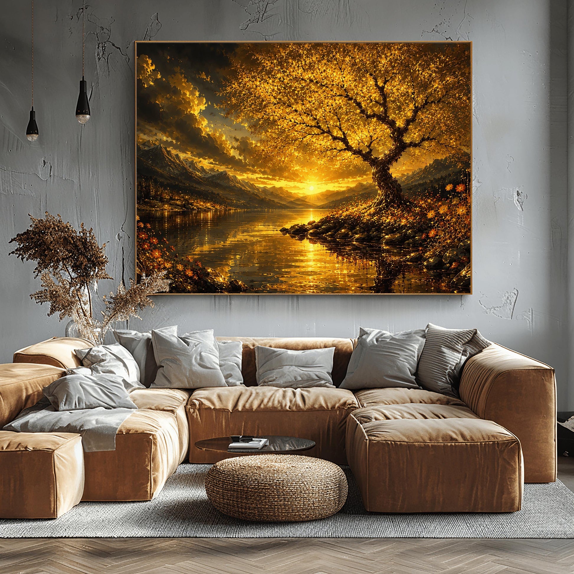 A horizontal landscape print in the style of Gustav Klimt, depicting a dramatic mountain sunset over a reflective lake. On the right shoreline, a large, detailed tree with shimmering golden mosaic leaves arches over the water. Golden wildflowers grow on the ground below the tree. The sun sits low on the horizon between dark, heavy clouds and sharp mountain peaks, casting a bright orange and gold reflection across the rippling water.