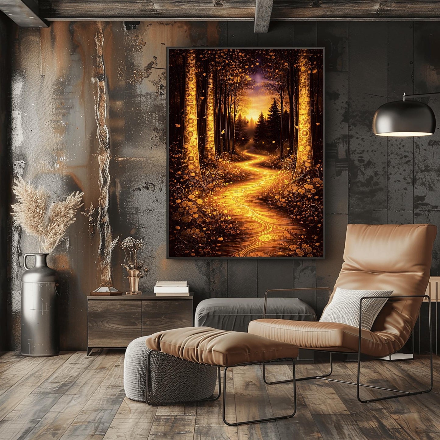 A vertical full-bleed illustration in the style of Gustav Klimt. A glowing, winding golden path flows through a dark forest. Large trees on either side are decorated with intricate golden mosaic patterns. The background features dark silhouettes of pines against a hazy, sunlit sky.