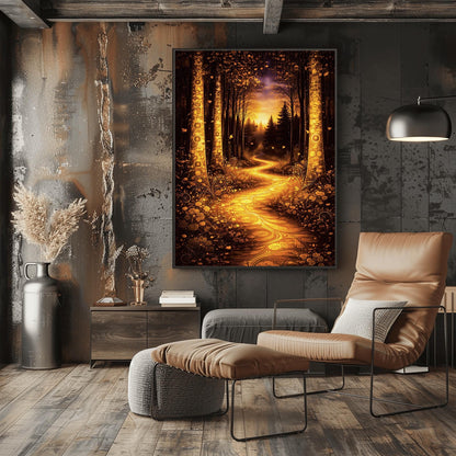 A vertical full-bleed illustration in the style of Gustav Klimt. A glowing, winding golden path flows through a dark forest. Large trees on either side are decorated with intricate golden mosaic patterns. The background features dark silhouettes of pines against a hazy, sunlit sky.
