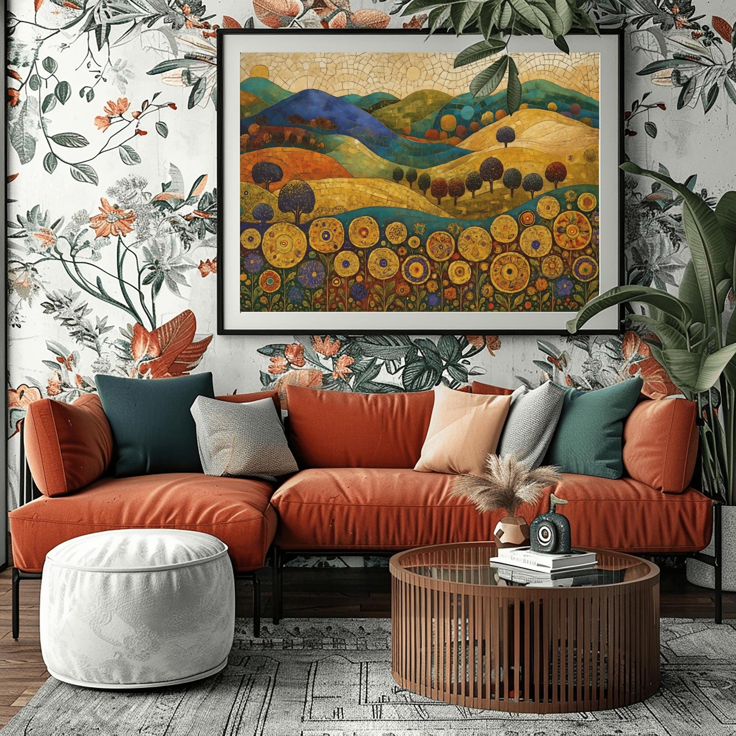 A horizontal fine art painting in the style of Gustav Klimt. Rolling hills in shades of blue, green, and orange are rendered with mosaic tile textures. In the foreground, a row of large, stylized golden sunflowers with intricate geometric centers stands tall. Small, rounded dark trees are scattered across the landscape under a cream-colored mosaic sky.