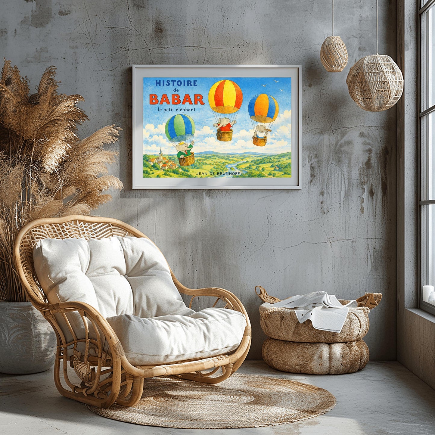 A horizontal watercolor illustration for "Histoire de Babar" showing three elephants in hot air balloons floating over a lush green valley with a river and a small village. On the left, Babar wears a crown and green suit in a blue and green balloon. Two other elephants are in red/orange and blue/yellow balloons. The sky is blue with a few white birds. The title is in large blue and red letters at the top left.