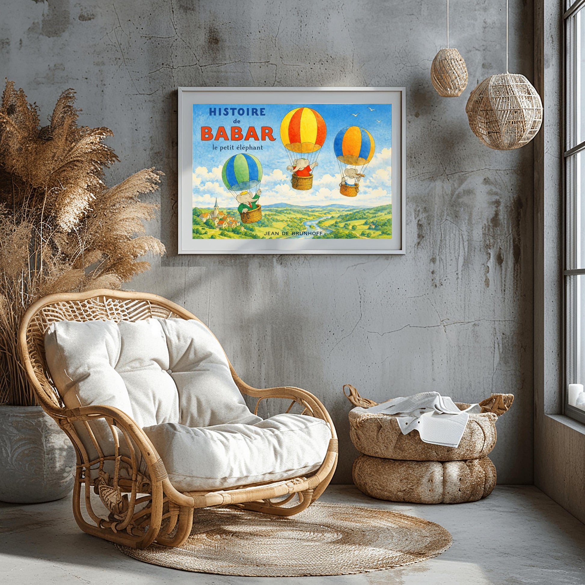 A horizontal watercolor illustration for "Histoire de Babar" showing three elephants in hot air balloons floating over a lush green valley with a river and a small village. On the left, Babar wears a crown and green suit in a blue and green balloon. Two other elephants are in red/orange and blue/yellow balloons. The sky is blue with a few white birds. The title is in large blue and red letters at the top left.