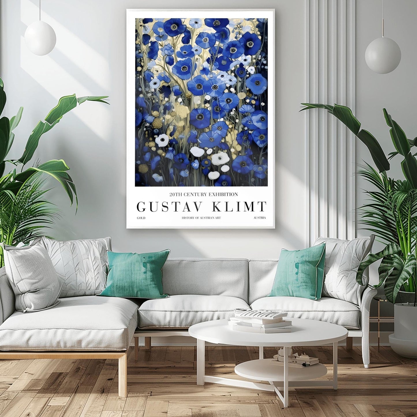 A vertical, highly detailed oil painting in the style of Gustav Klimt. The image is filled with a dense field of blue poppies in shades of cobalt, navy, and light blue. The flowers have dark centers and are surrounded by abstract cream and amber foliage. The brushwork is thick and textured, giving the appearance of a rich mosaic tapestry of flowers.