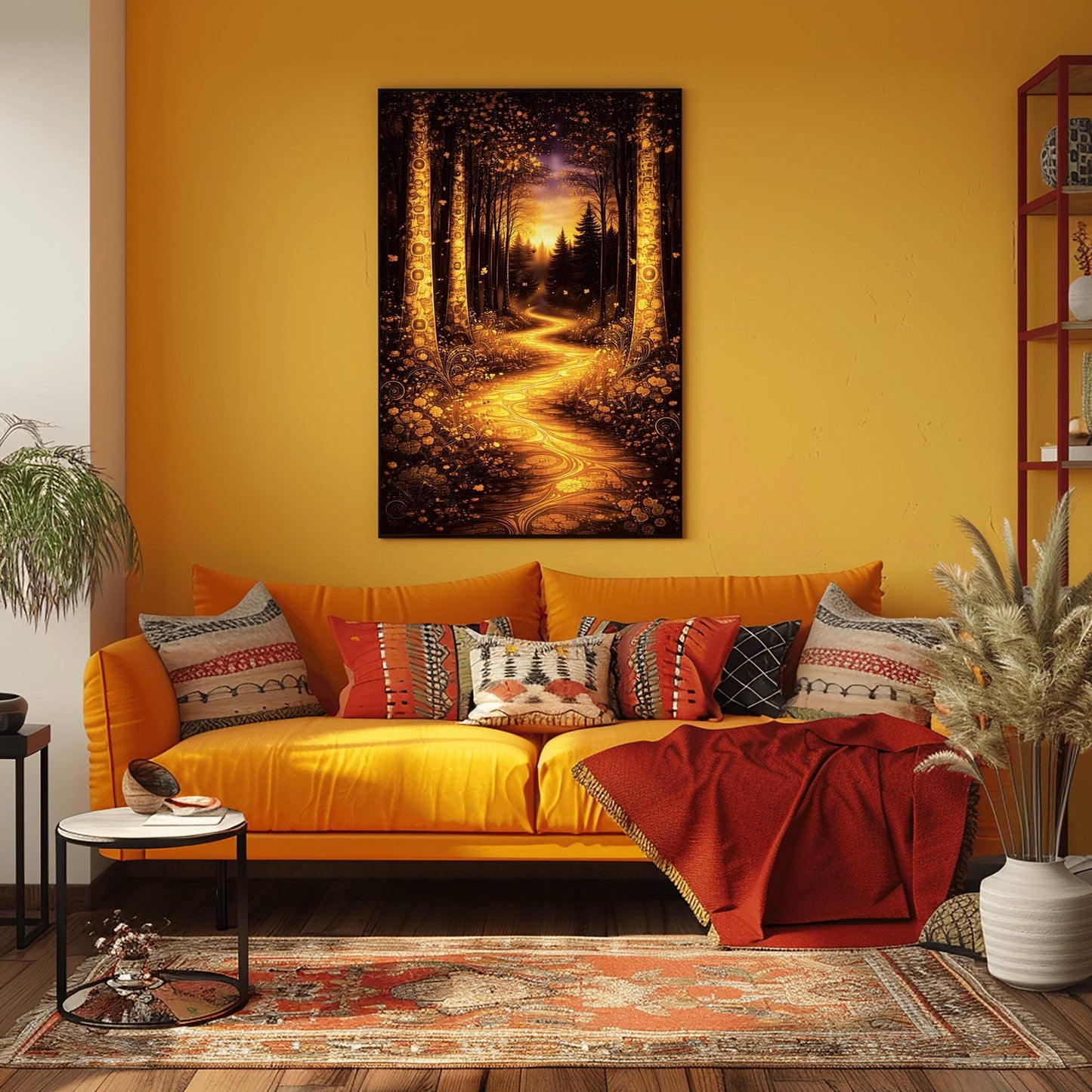 A vertical full-bleed illustration in the style of Gustav Klimt. A glowing, winding golden path flows through a dark forest. Large trees on either side are decorated with intricate golden mosaic patterns. The background features dark silhouettes of pines against a hazy, sunlit sky.