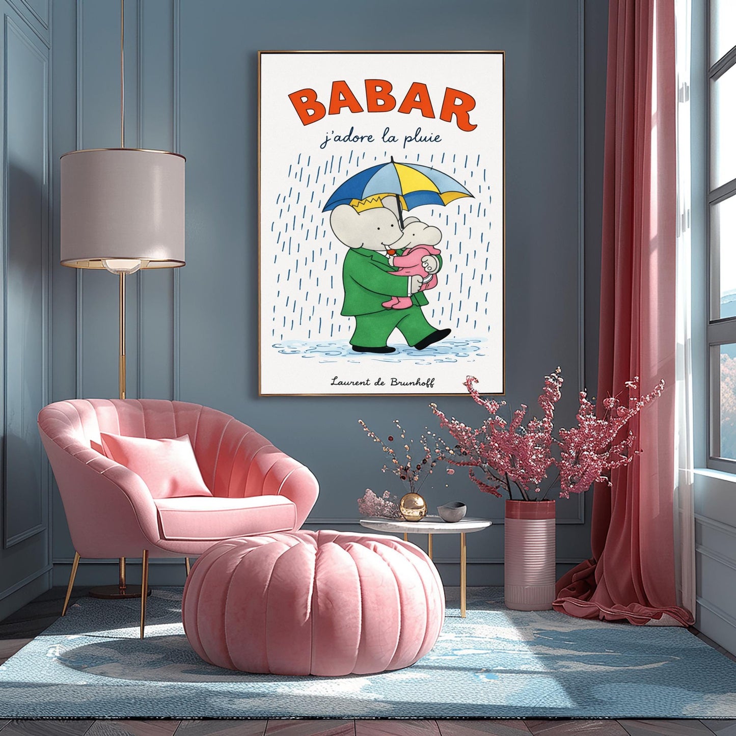 A vertical children's illustration poster titled "BABAR: j'adore la pluie" in orange and blue. King Babar, in a green suit and crown, is walking through the rain while holding a blue and yellow striped umbrella. He is carrying a small elephant wearing a pink rainsuit. They are walking through light blue puddles on a white background. The name "Laurent de Brunhoff" is at the bottom.