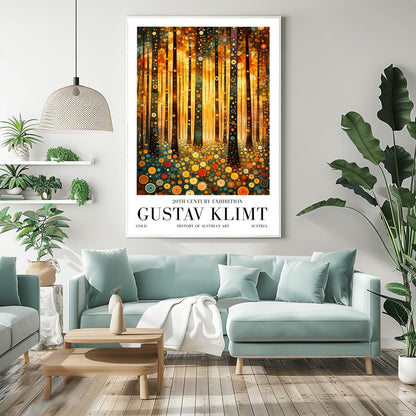 A vertical fine art print in the style of Gustav Klimt. Dark, slender tree trunks are decorated with various golden and colorful concentric circles. The forest floor is covered in similar circular floral patterns. A bright, warm golden light glows from the background, creating a high-contrast, ornate night forest scene.