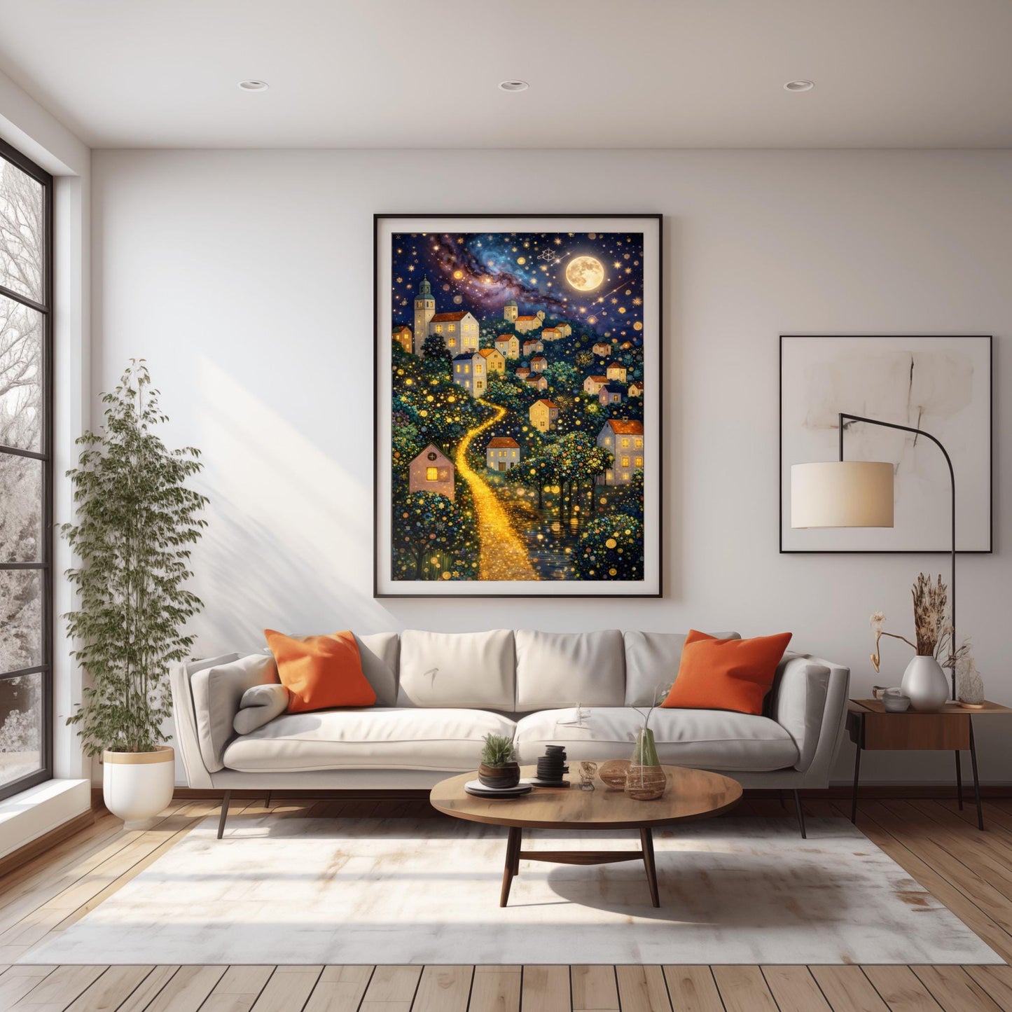 A vertical fine art painting in the style of Gustav Klimt. A hillside village with white houses and orange roofs is illuminated by a large, textured golden moon and a swirling starlit sky. A bright, glowing golden path winds through the village houses and mosaic-patterned trees. At the bottom, a dark sea reflects the shimmering lights. The style is highly decorative with gold leaf textures.