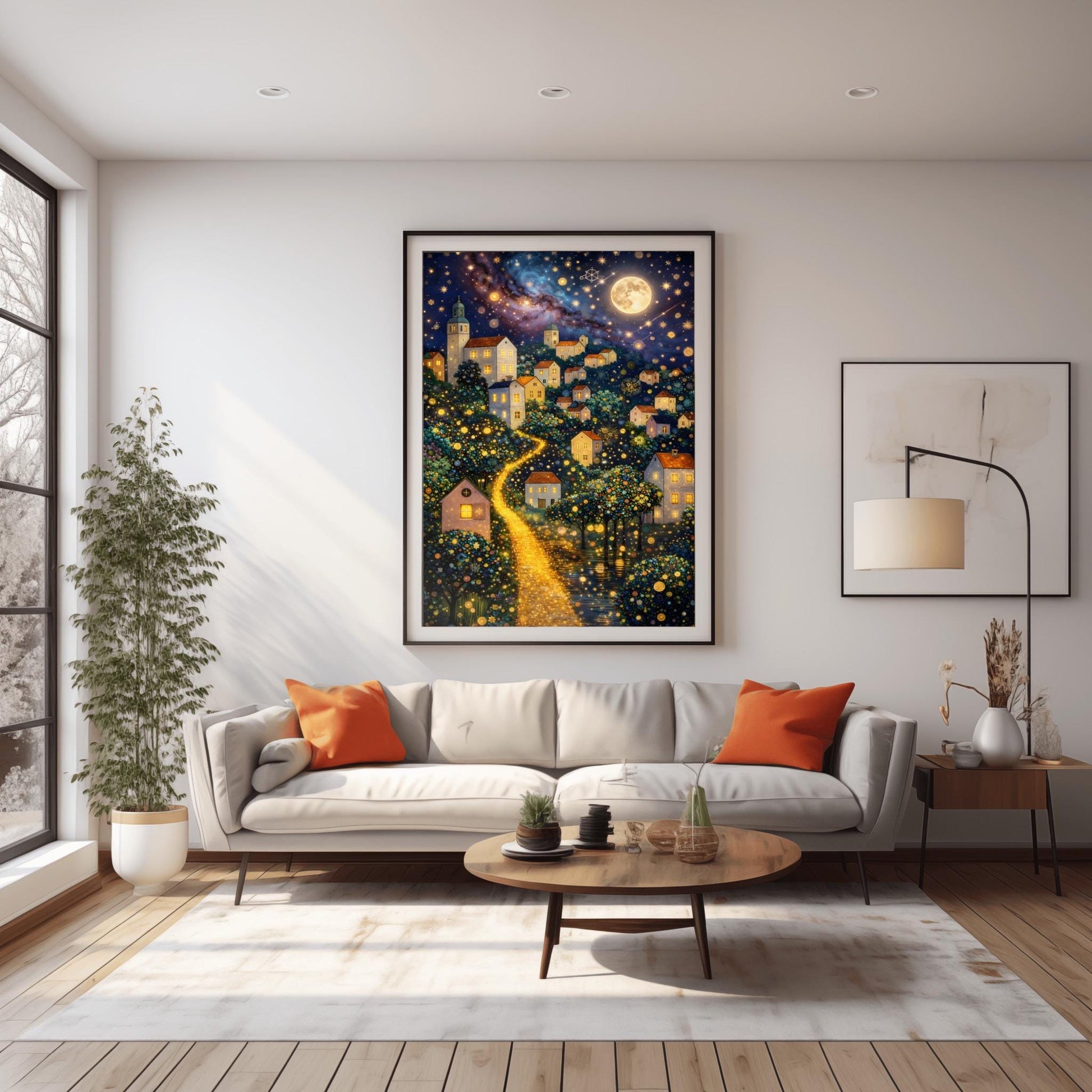 A vertical fine art painting in the style of Gustav Klimt. A hillside village with white houses and orange roofs is illuminated by a large, textured golden moon and a swirling starlit sky. A bright, glowing golden path winds through the village houses and mosaic-patterned trees. At the bottom, a dark sea reflects the shimmering lights. The style is highly decorative with gold leaf textures.